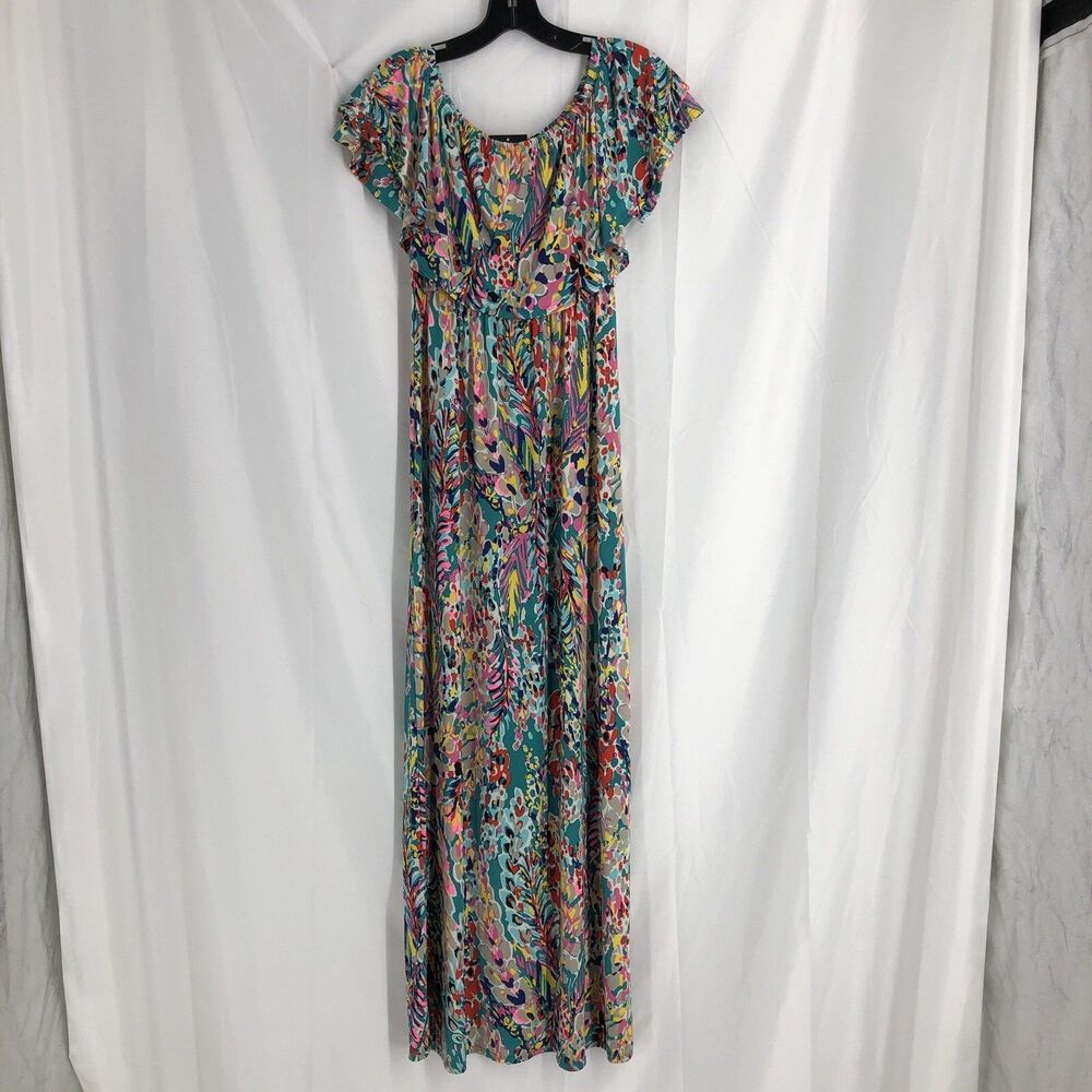 Beeson River Floral Maxi Dress Off Shoulder Jade Size Small